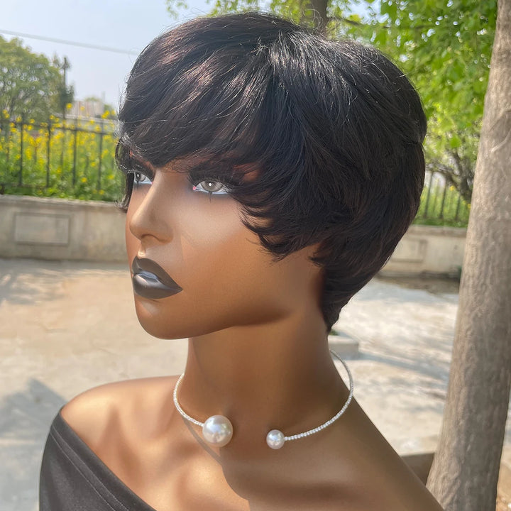 Chic Pixie Cut Wig – 100% Human Hair with Soft Bangs