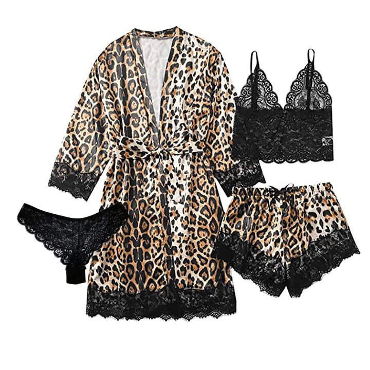 4 Piece Sexy Sleepwear Plus Size Silk Satin Lingerie Pajamas Women Bathrobe Robe Leopard Print Sexy Lingerie Conjuntos De Pijama