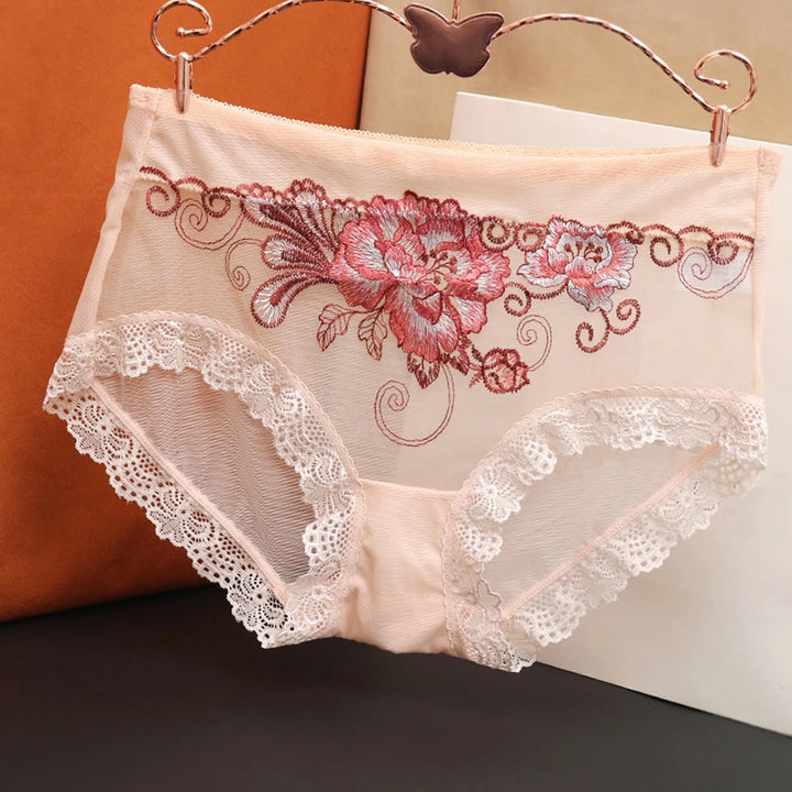 Plus Size Sheer Lace Embroidered Panties – High-Rise Seamless Briefs for Women