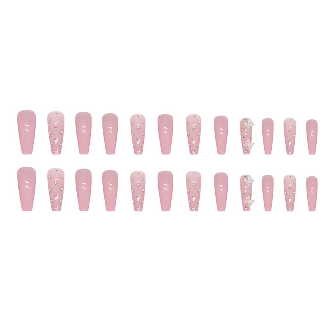 24pcs Long Ballerina Glossy Press-On Nails – Rhinestone & 3D Butterfly Design, Reusable Resin False Nails for Women