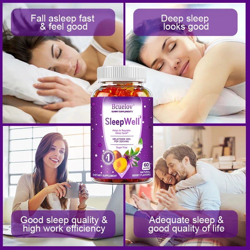 Bcuelov Sleep Gummies – Melatonin, Passionflower, Chamomile & Lemon Extract – Fight Insomnia, Relieve Stress, Support Immunity (60 Gummies)