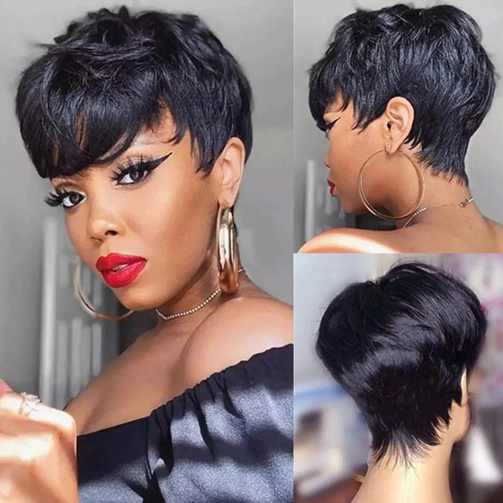 Chic Pixie Cut Wig – 100% Human Hair with Soft Bangs