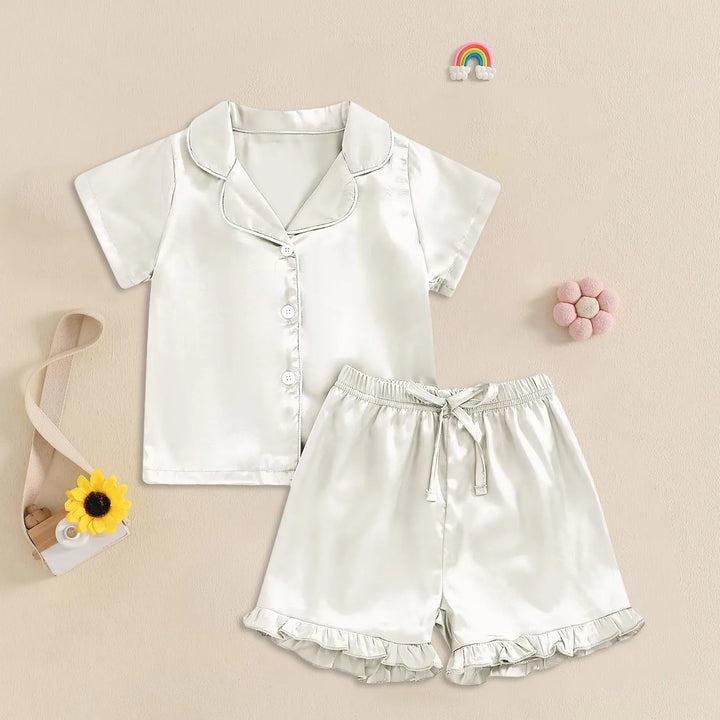 FeatherDreams™ Toddler Satin Pajama Set – Short Sleeve with Feather Trim  For Ages 1–13 Years | Lightweight, Silky & Adorable