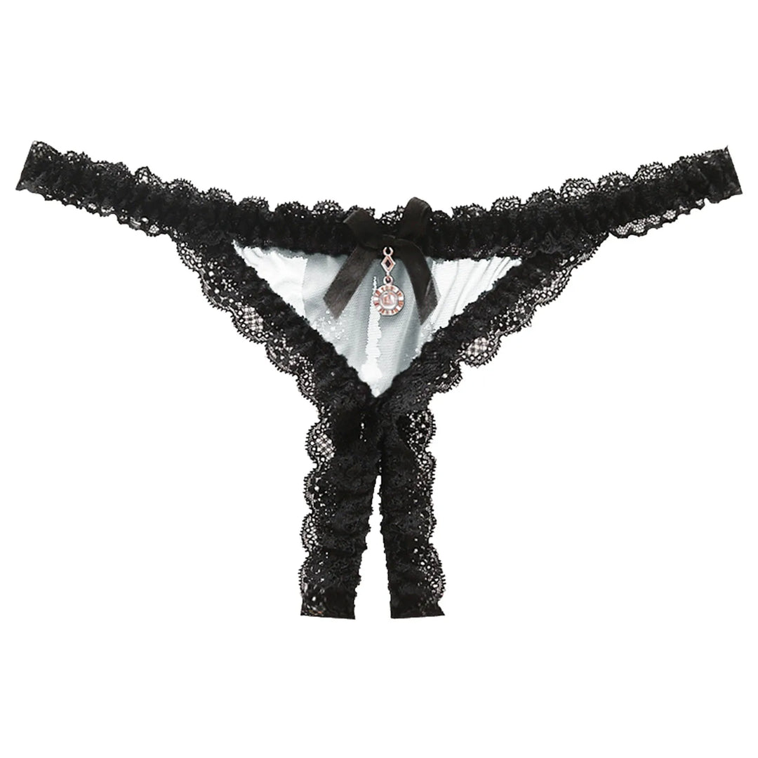 Open Crotch Lace T-Back Thong – Low Waist Crotchless Panty with Pendant Accent