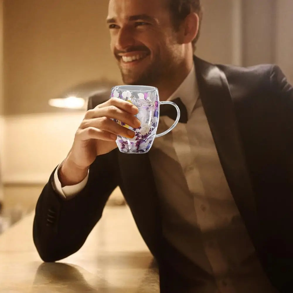 BlossomGlow Double Wall Glass Mug – 350ml Insulated Elegance