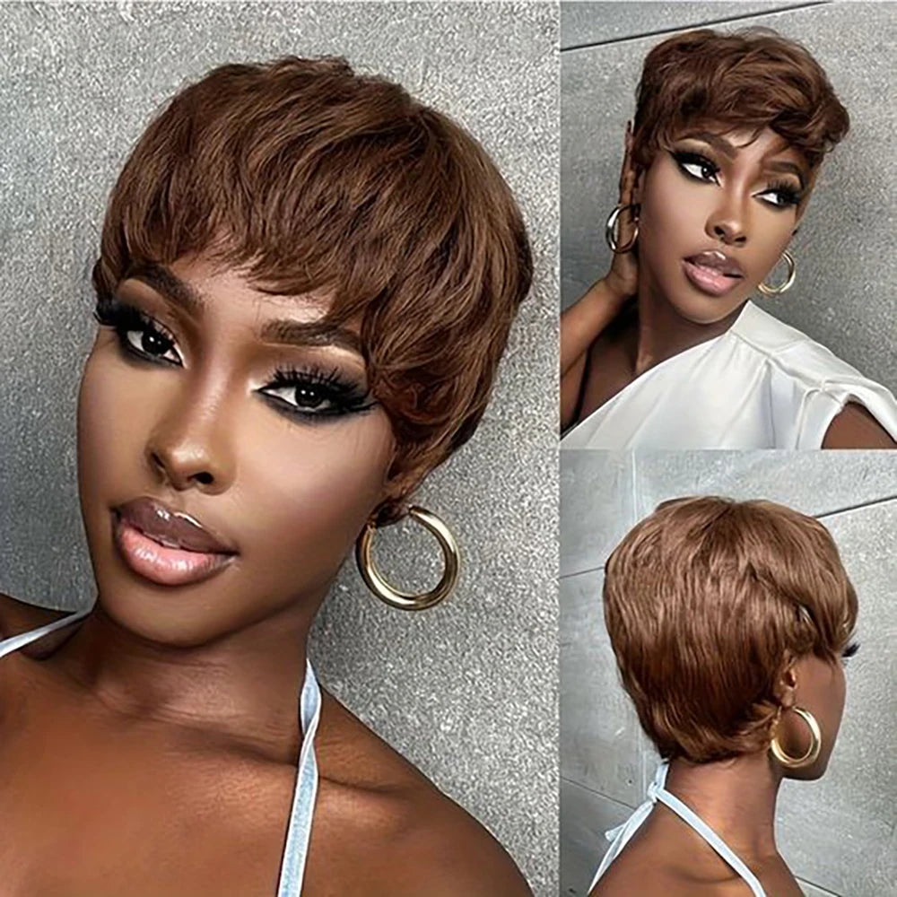 EmpowerEase Chocolate Brown Pixie Cut Wig – 100% Brazilian Remy Human Hair