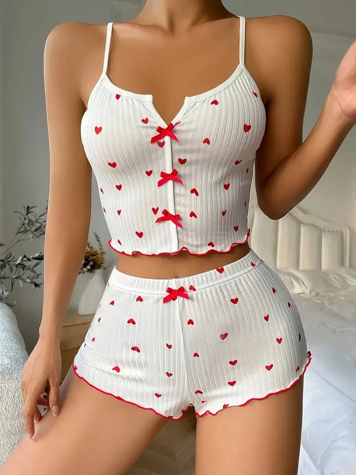 Sweetheart Dreams™ Ribbed Pajama Set  2-Piece Heart Print Cami & Frill-Trim Shorts Sleepwear