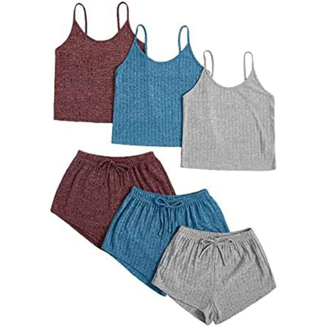 DreamEase™ 3-Piece Ribbed Pajama Set – Crop Top, Tie-Front Shorts & Lounge Pants