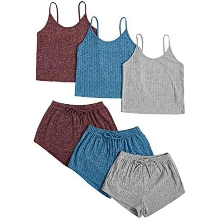 DreamEase™ 3-Piece Ribbed Pajama Set – Crop Top, Tie-Front Shorts & Lounge Pants
