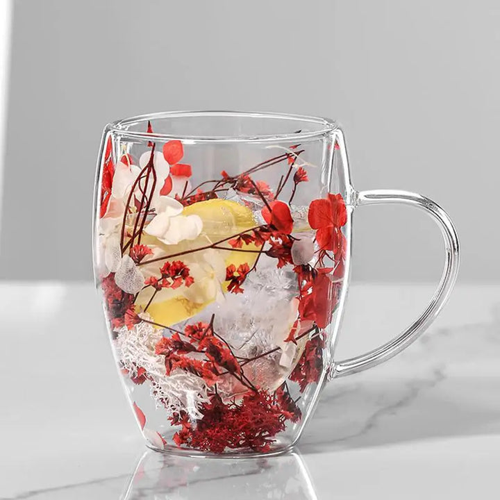 BlossomGlow Double Wall Glass Mug – 350ml Insulated Elegance