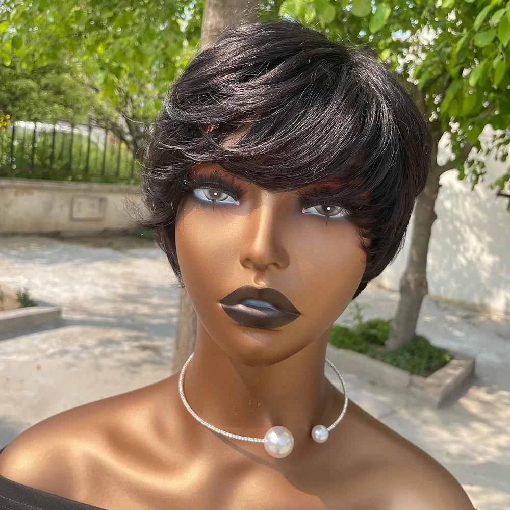 Chic Pixie Cut Wig – 100% Human Hair with Soft Bangs