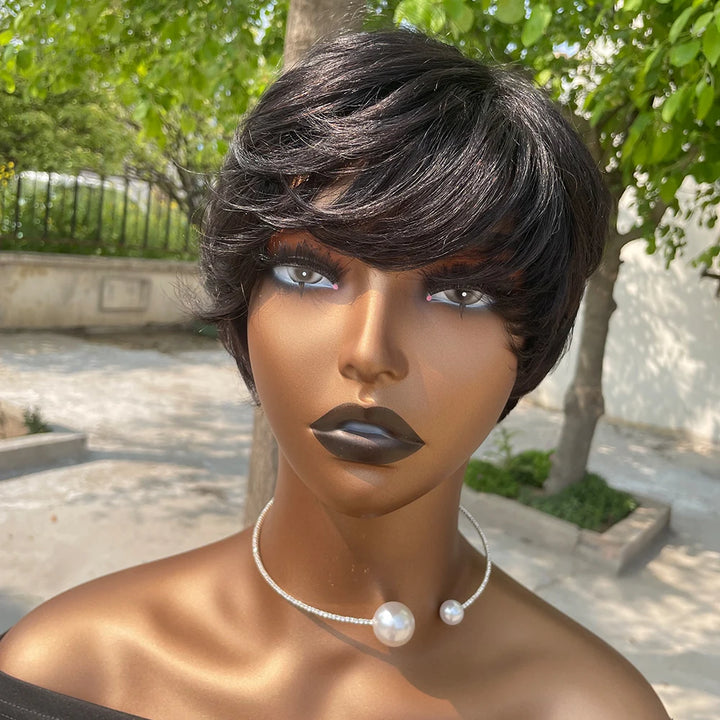 Chic Pixie Cut Wig – 100% Human Hair with Soft Bangs
