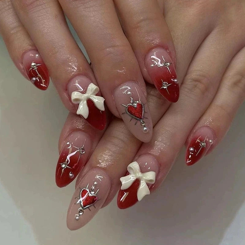 Pink Almond Butterfly Ballet False Nails – 24pcs French Design Press-On Set