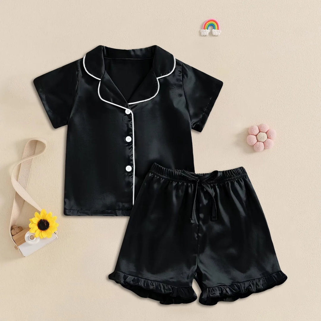 FeatherDreams™ Toddler Satin Pajama Set – Short Sleeve with Feather Trim  For Ages 1–13 Years | Lightweight, Silky & Adorable