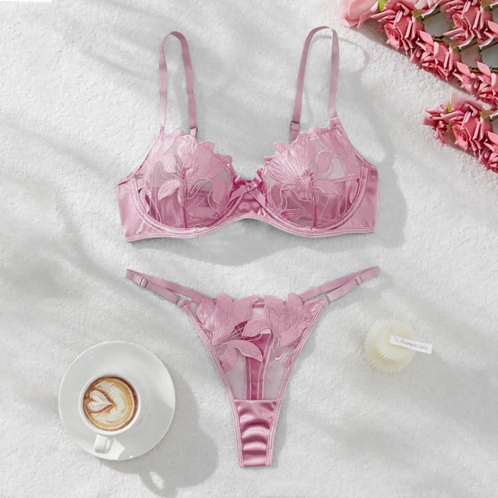 2-Piece Embroidered Lace Lingerie Set – Satin & Mesh Elegance