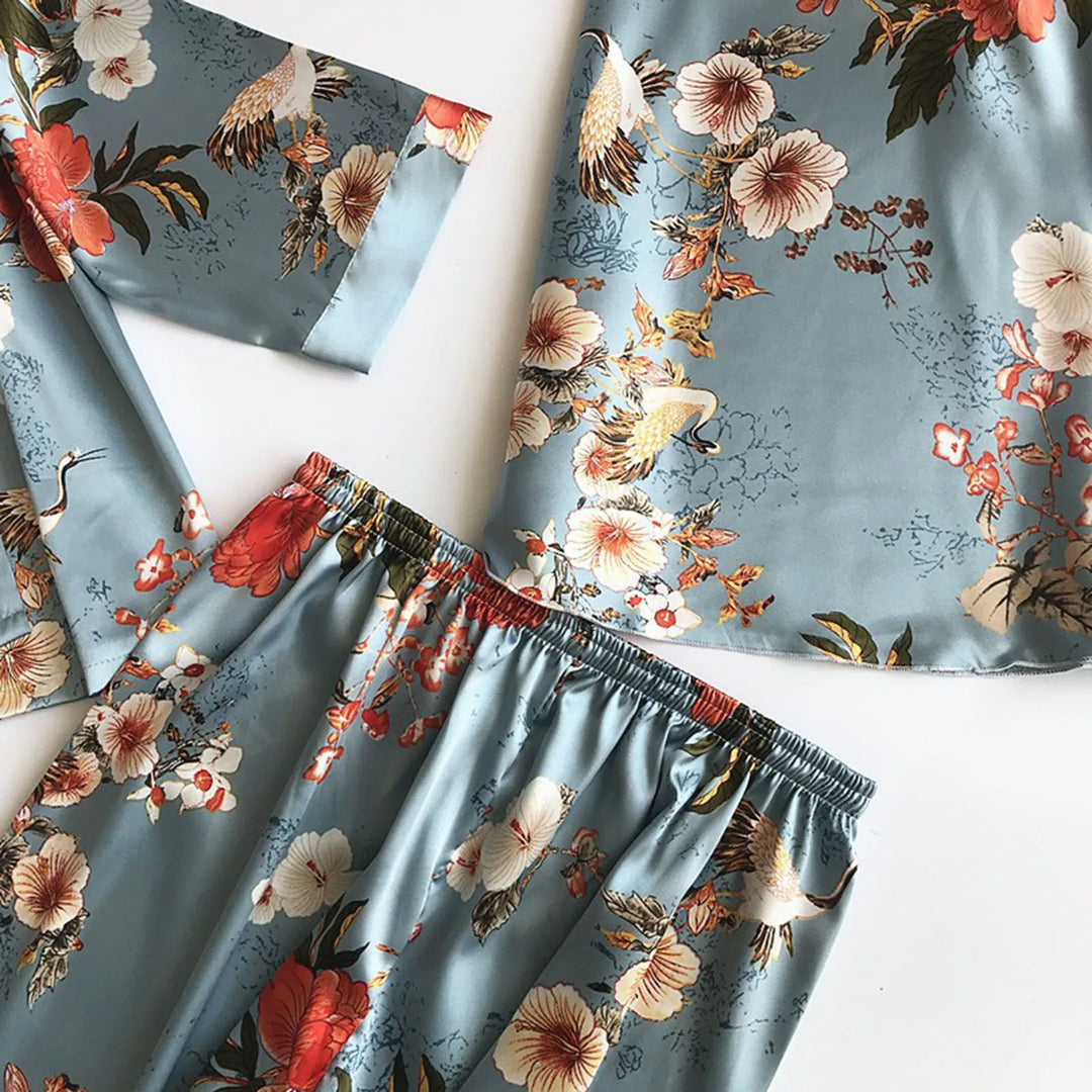 Romantic Lingeries And Robe Women'S Floral Print Homewear Nightdress Soft Ice Silk Sleepwear Three Piece Suit Lace Pajamas Set
