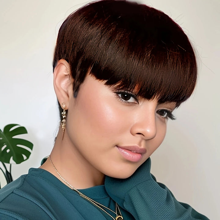Sculpted Grace Pixie – 6” Straight Human Hair Wig in Black, Burgundy, or Brown