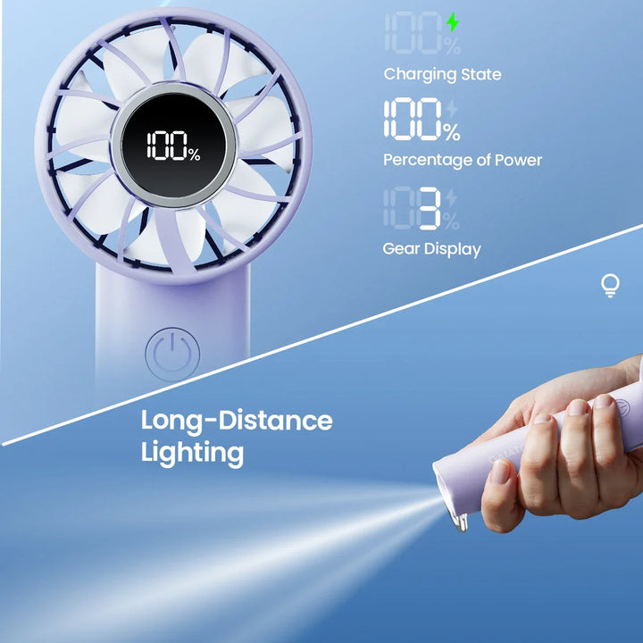 Portable Mini Fan, Handheld Fan with LED Display & Flashlight, 3 Speeds 2000mAh USB Rechargeable Battery Fan