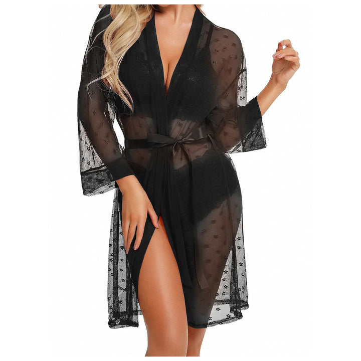 3-Piece Sheer Lace Lingerie Set with Kimono Robe – Bra, Panty & Robe for Women