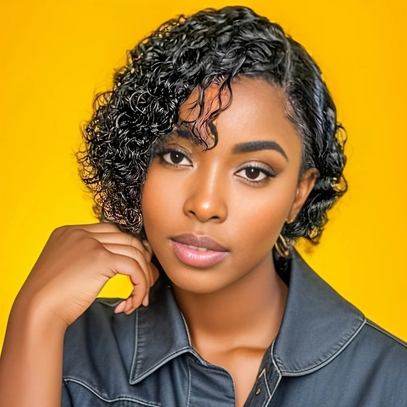 Curly Grace Lace Pixie – 6” Natural Black Curly Human Hair Wig