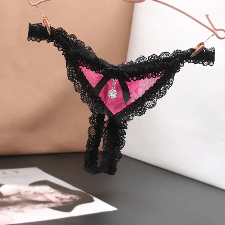Open Crotch Lace T-Back Thong – Low Waist Crotchless Panty with Pendant Accent