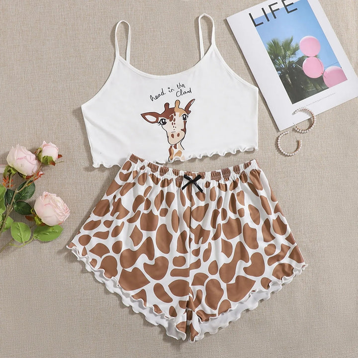 Summer Giraffe Print Pajama Set – Camisole & Shorts Sleepwear for Women