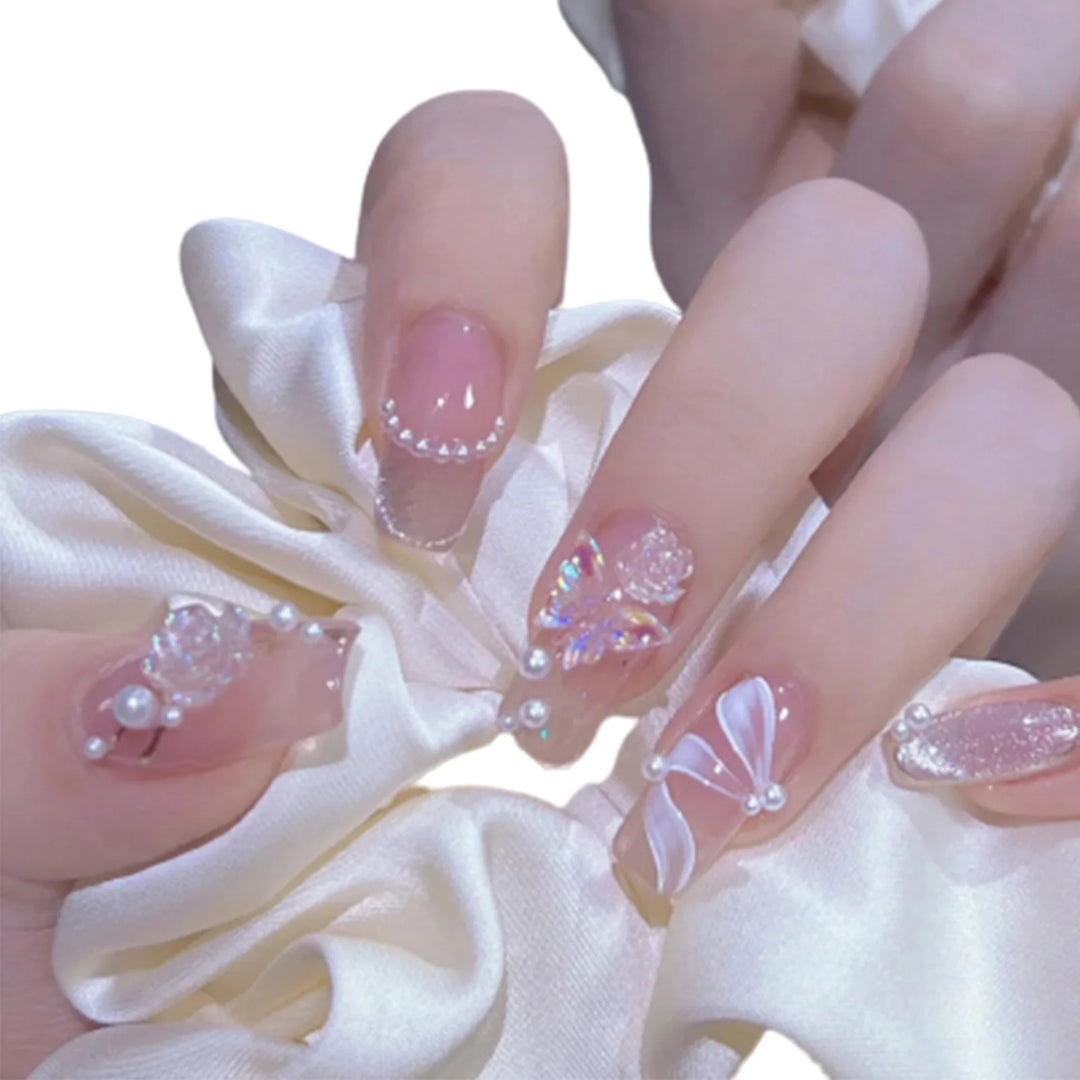 24pcs French Coffin Press-On Nails – White Tips with Star Pattern & Rhinestones, Reusable Resin False Nails for Women & Girls