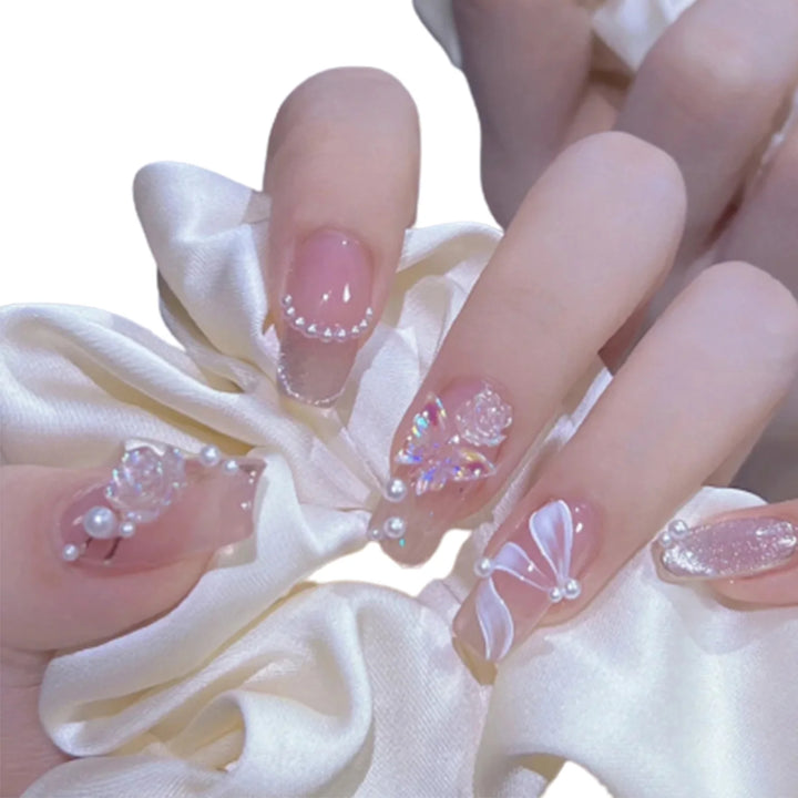 24pcs French Coffin Press-On Nails – White Tips with Star Pattern & Rhinestones, Reusable Resin False Nails for Women & Girls
