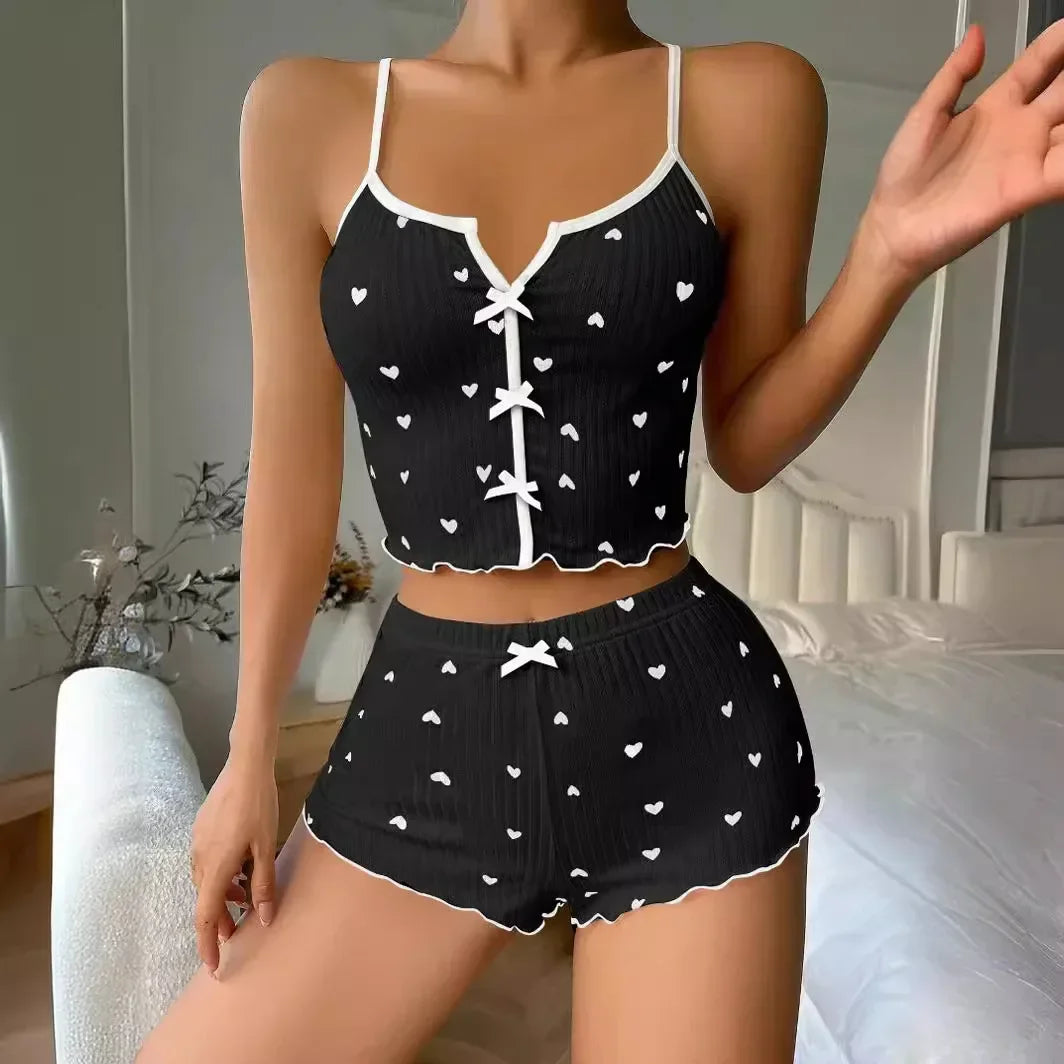 Sweetheart Dreams™ Ribbed Pajama Set  2-Piece Heart Print Cami & Frill-Trim Shorts Sleepwear
