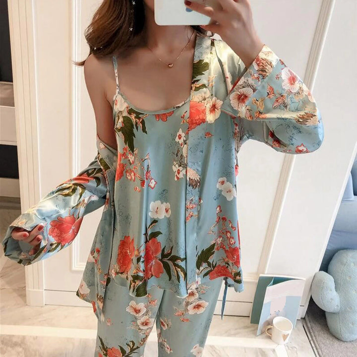 Romantic Lingeries And Robe Women'S Floral Print Homewear Nightdress Soft Ice Silk Sleepwear Three Piece Suit Lace Pajamas Set