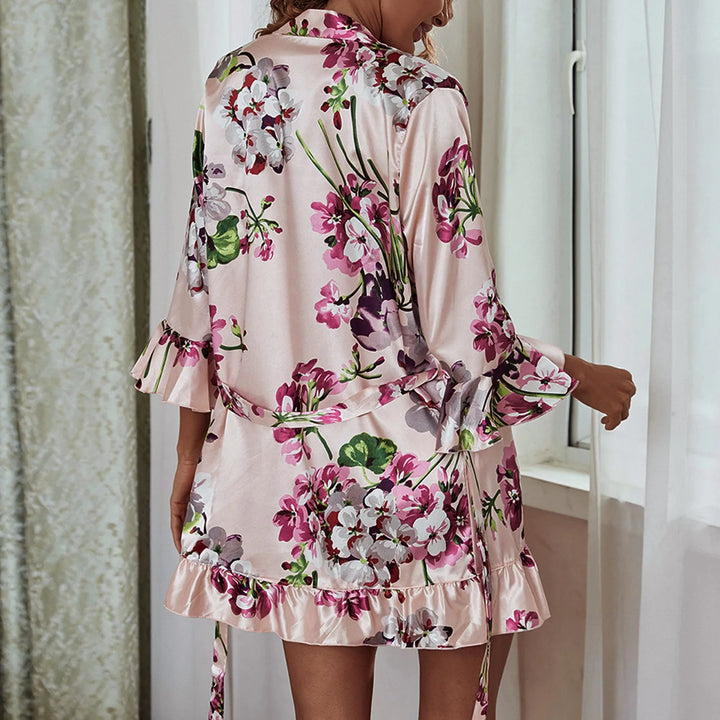 Women Floral Print Nightwear Sexy Nightgown Lingerie Ladies Satin Pajamas Bathrobe With Belt Cardigan Sleepwear Nightgowns