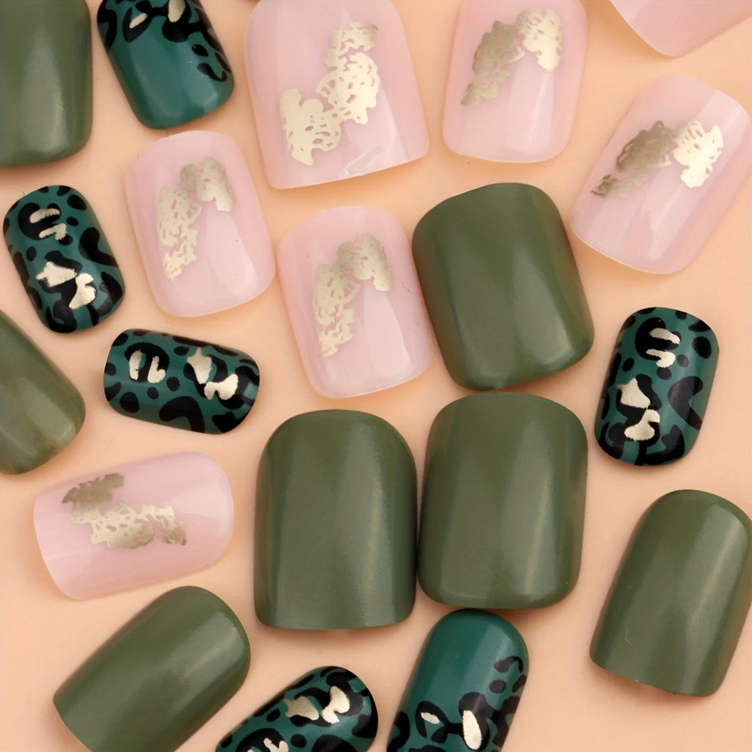Chic Green Leopard Print & Golden Foil Press-On Nails – 24pc Glossy Square Set for Trendy, Stylish Wear