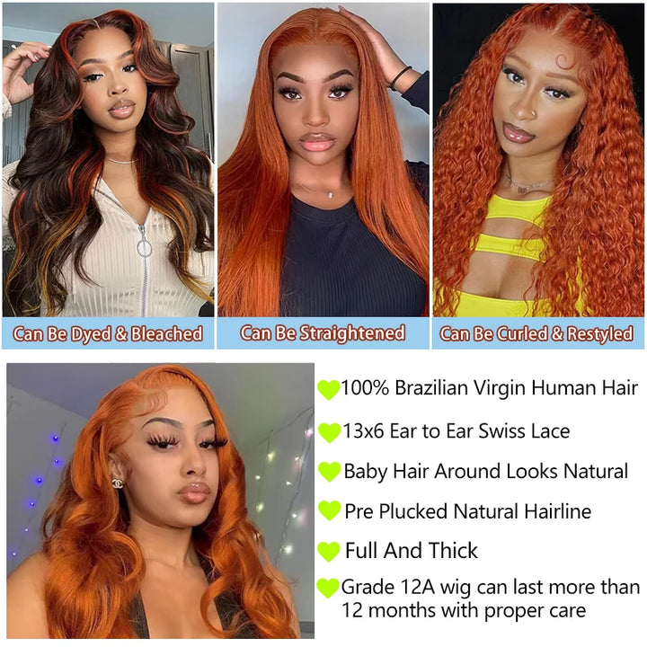 Radiant Ginger Body Wave Wig – Long 100% Human Hair with Lace Front