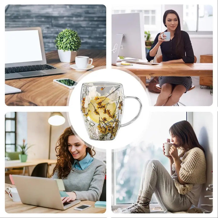 BlossomGlow Double Wall Glass Mug – 350ml Insulated Elegance