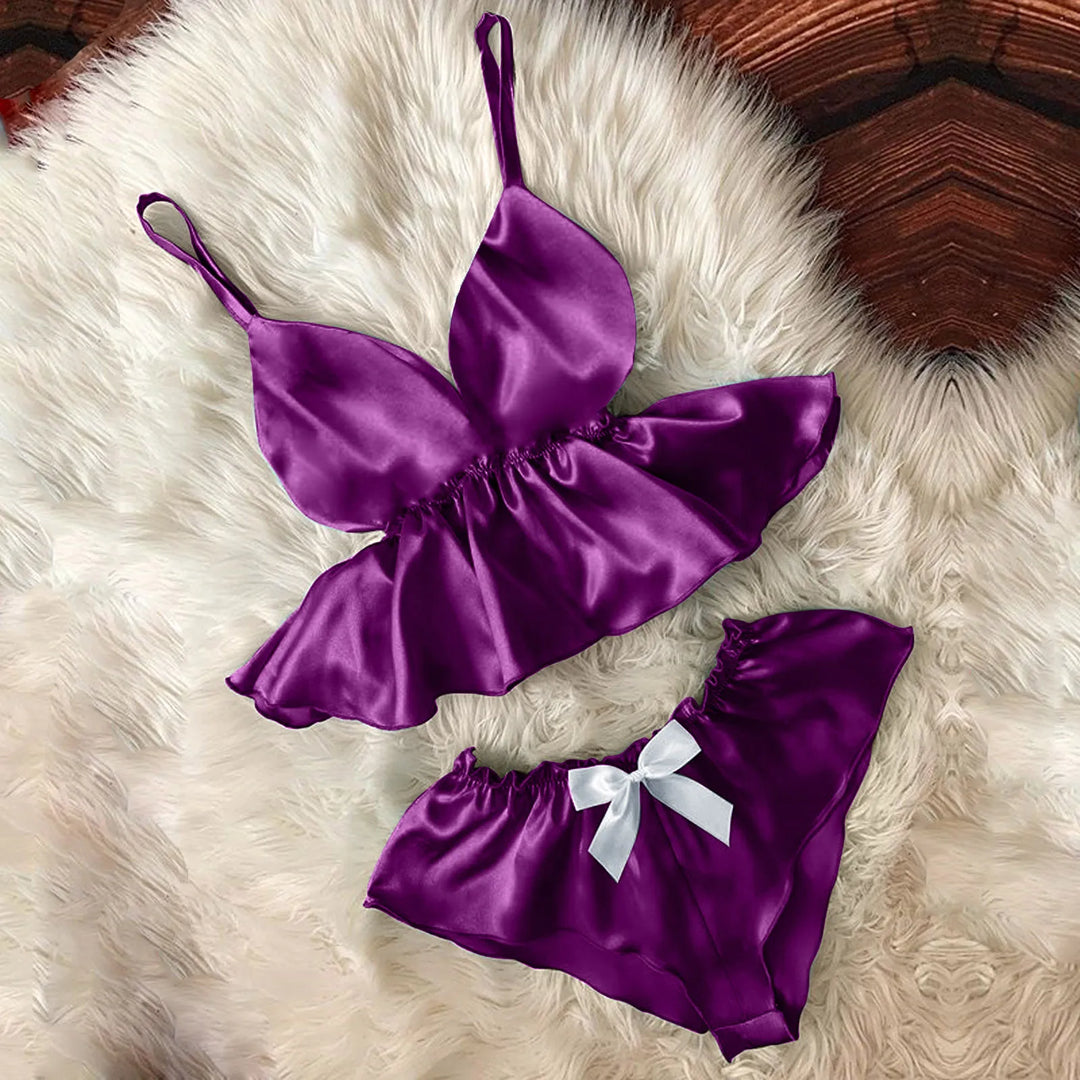 Sexy V-Neck Ruffle Pajama Set – Satin Camisole with Bowknot & Eyelash Lace Shorts