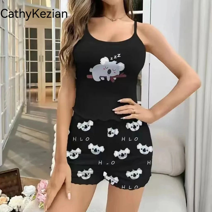 Dreamy Koala™ Pajama Set  Cartoon Print Sports Cami & Shorts Sleepwear