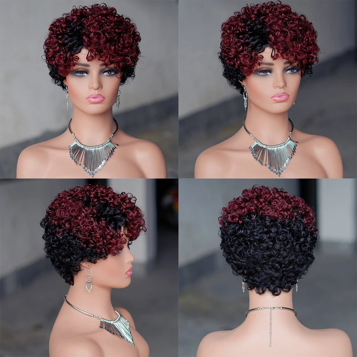Crimson Spiral Pixie – 6” Curly Human Hair Wig with Bangs