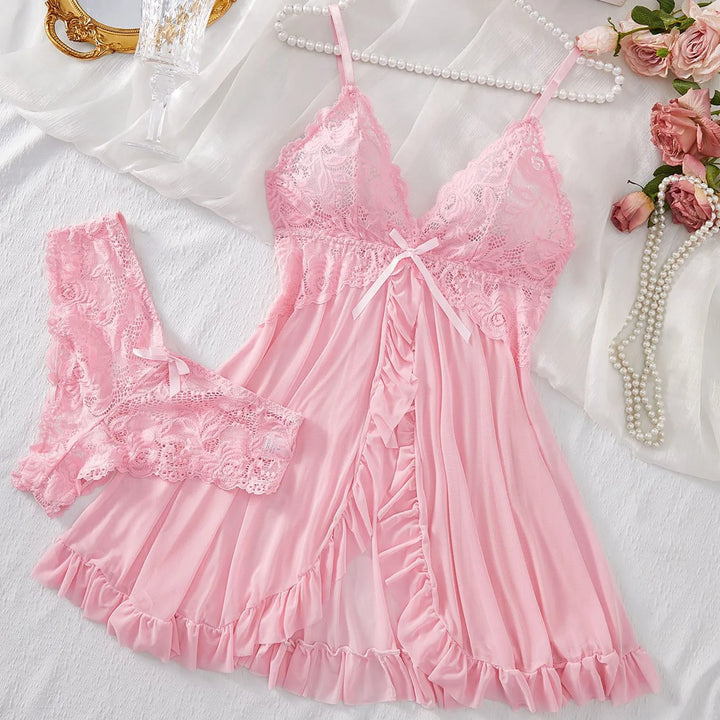 Fashion Sexy Lace Chiffon Mesh Nightdress Lingerie Set – Backless, Breathable & Elegant