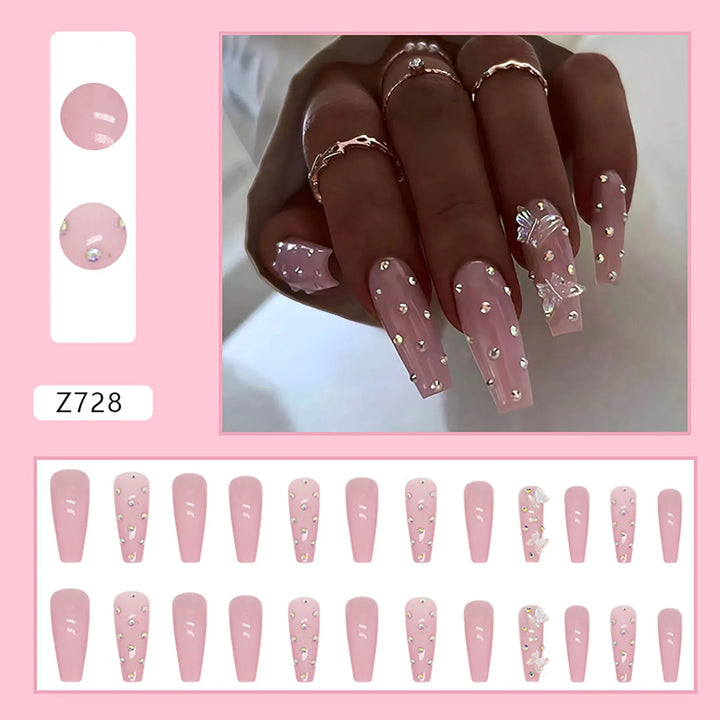 24pcs Long Ballerina Glossy Press-On Nails – Rhinestone & 3D Butterfly Design, Reusable Resin False Nails for Women