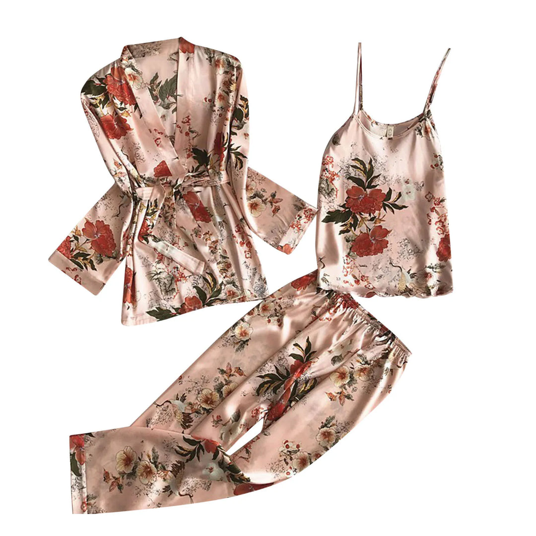 Romantic Lingeries And Robe Women'S Floral Print Homewear Nightdress Soft Ice Silk Sleepwear Three Piece Suit Lace Pajamas Set