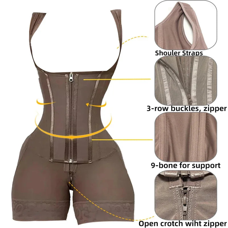 Colombian Curves™ 9-Bone Full Body Shaper – Double Tummy Control Bodysuit with Zipper & Open Crotch
