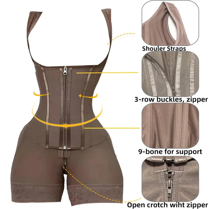 Colombian Curves™ 9-Bone Full Body Shaper – Double Tummy Control Bodysuit with Zipper & Open Crotch