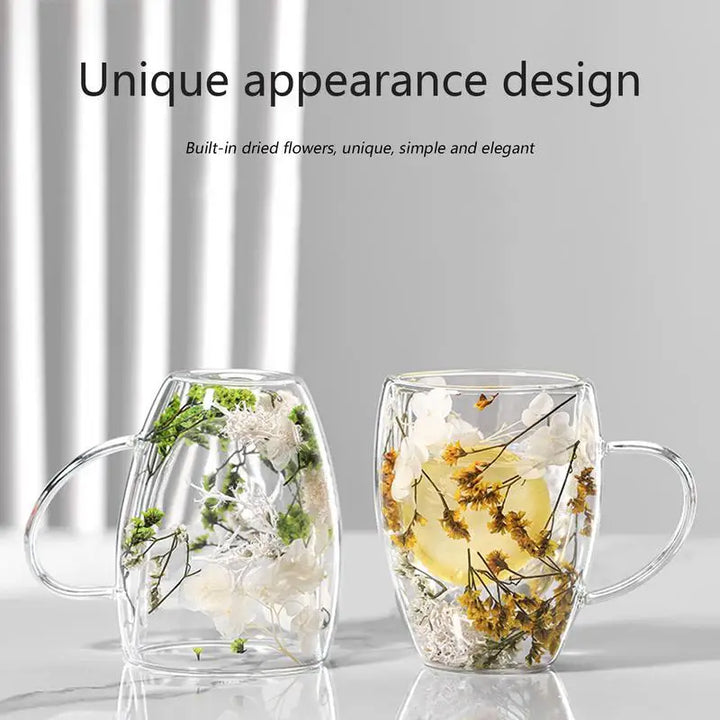 BlossomGlow Double Wall Glass Mug – 350ml Insulated Elegance