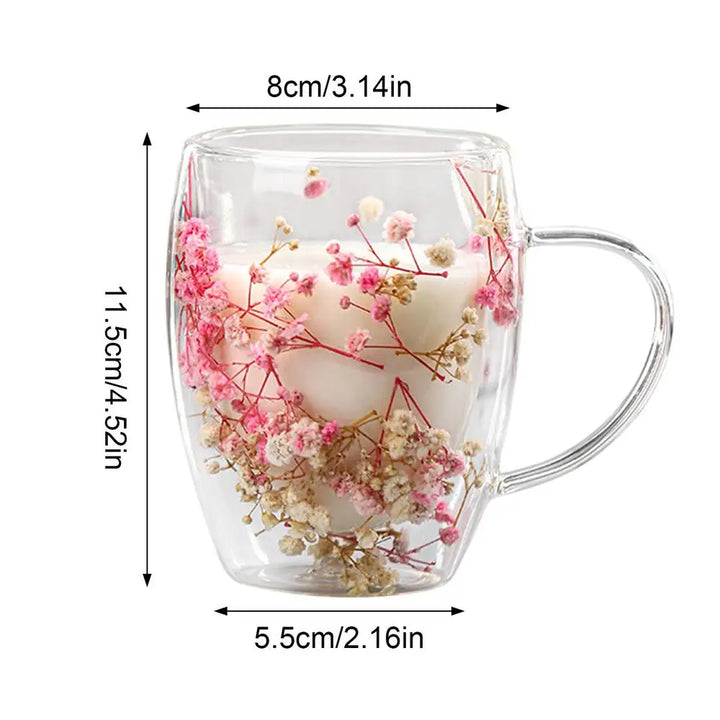 BlossomGlow Double Wall Glass Mug – 350ml Dried Flower Infusion