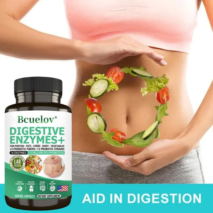 Bcuelov Probiotics + Prebiotics & Digestive Enzymes – Gut Health, Gas Relief & Nutrient Absorption (120 Capsules)