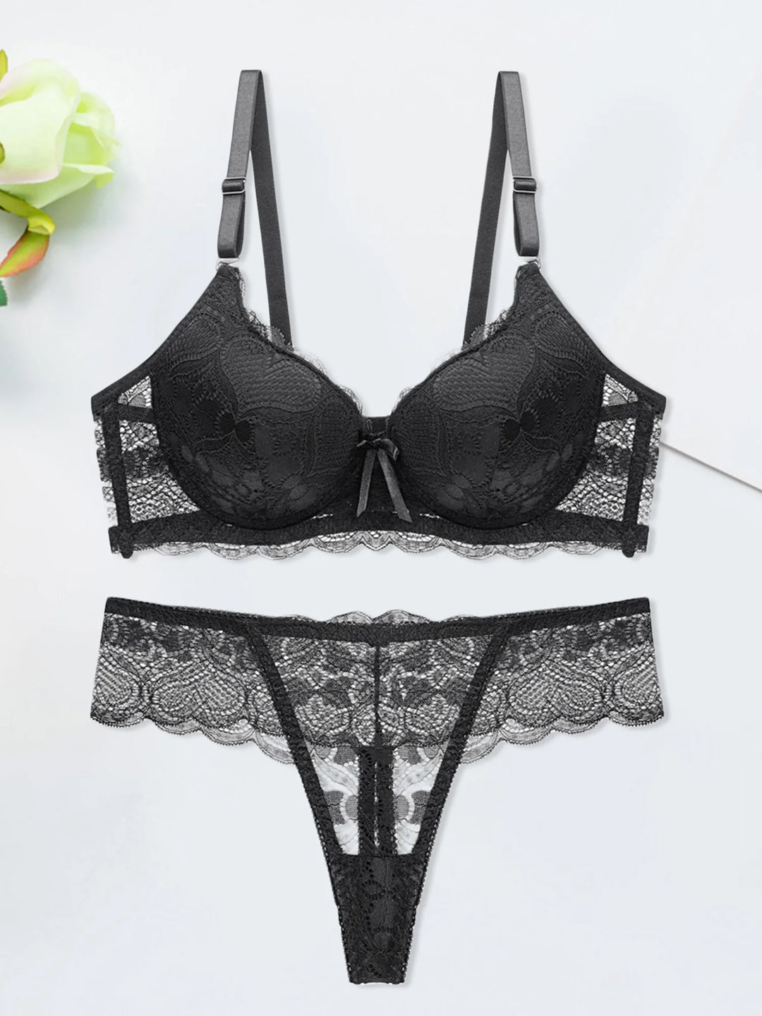 EmpowerEase Seductive Lace Lingerie Set – Sheer Mesh Bra & Panty with Garter Belt