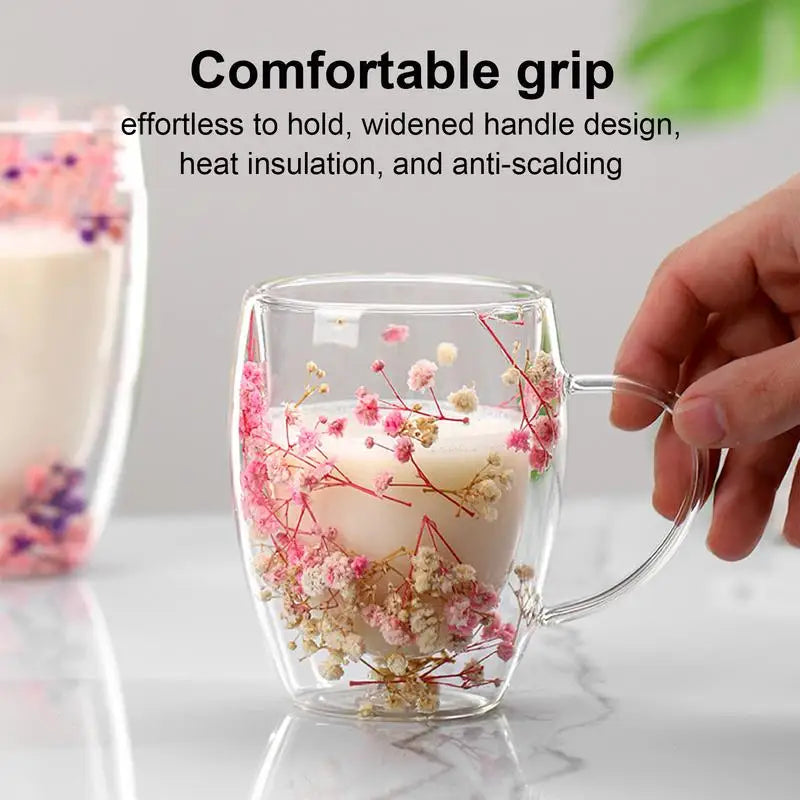 BlossomGlow Double Wall Glass Mug – 350ml Dried Flower Infusion