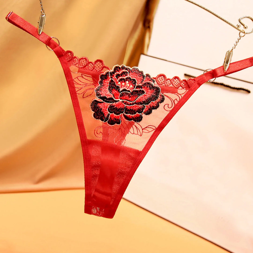 Embroidered Floral Lace Thong – Sexy Low-Waist Cutout Panties for Women
