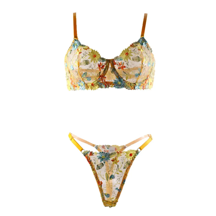 Golden Bloom – Sheer Yellow Flower Embroidered Lingerie Set