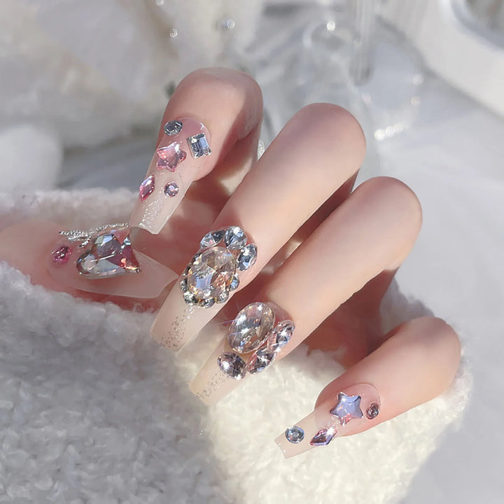 24pcs French Coffin Press-On Nails – White Tips with Star Pattern & Rhinestones, Reusable Resin False Nails for Women & Girls